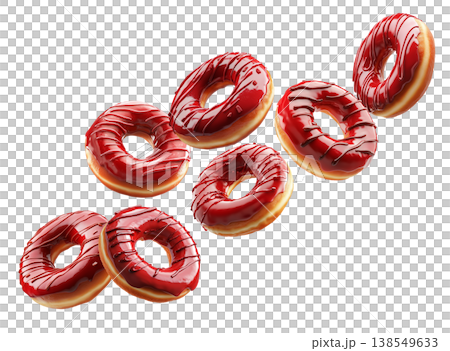 Delicious red glazed donuts with chocolate drizzle isolated on white background, concept of sweet bakery desserts Delicious red glazed donuts with chocolate drizzle isolated on white background, concept of sweet bakery desserts 138549633