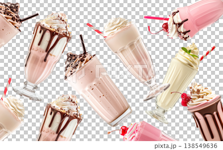 Multiple milkshakes with whipped cream shown isolated on white background, concept of sweet dessert treats 138549636