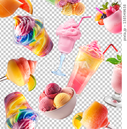 Assorted vibrant frozen beverages sherbet and ice cream isolated on white background, expressing summer refreshment concept 138549638