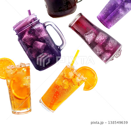 Colorful iced fruit soda drinks in cups and jars isolated on white background conveying refreshment and summer mood Colorful iced fruit soda drinks in cups and jars isolated on white background conveying refreshment and summer mood 138549639