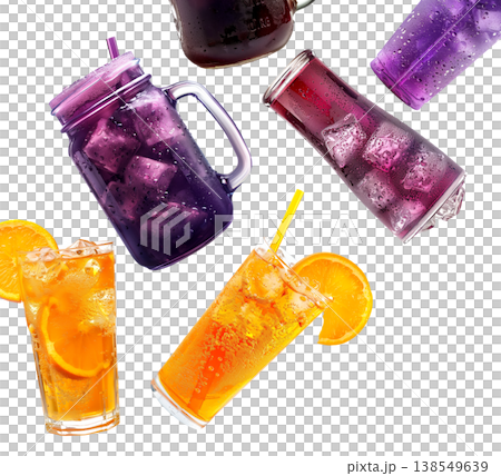 Colorful iced fruit soda drinks in cups and jars isolated on white background conveying refreshment and summer mood Colorful iced fruit soda drinks in cups and jars isolated on white background conveying refreshment and summer mood 138549639