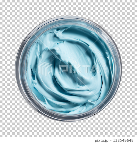 Blue cosmetic cream or butter texture in opened jar from above isolated on white background, concept of skincare hydration Blue cosmetic cream or butter texture in opened jar from above isolated on white background, concept of skincare hydration 138549649