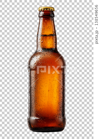 Closeup cold amber beer bottle covered with water droplets isolated on white background, concept of refreshment Closeup cold amber beer bottle covered with water droplets isolated on white background, concept of refreshment 138549656