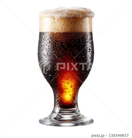 A cold dark beer in a tall glass with foam, isolated on a white background, symbolizing refreshment and taste 138549657