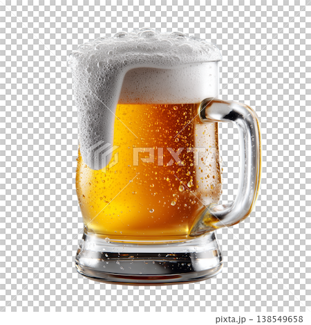 A glass of golden beer with thick foam shown isolated on white background, concept of refreshment and celebration A glass of golden beer with thick foam shown isolated on white background, concept of refreshment and celebration 138549658