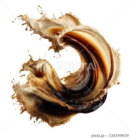 Coffee, cream, and milk splashes merging in dynamic style isolated on white background, concept of fluid energy and freshness 138549659