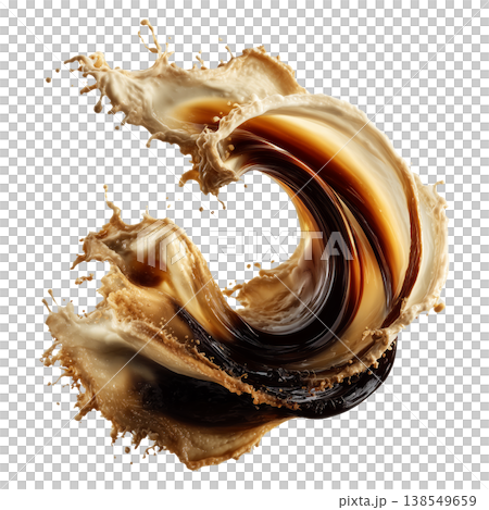 Coffee, cream, and milk splashes merging in dynamic style isolated on white background, concept of fluid energy and freshness Coffee, cream, and milk splashes merging in dynamic style isolated on white background, concept of fluid energy and freshness 138549659