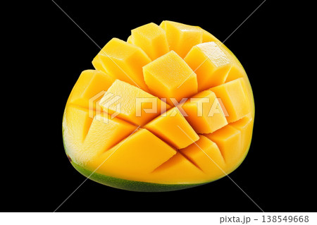 Sliced mango half with cube cuts isolated on black background with clipping path, concept of freshness and tropical flavor Sliced mango half with cube cuts isolated on black background with clipping path, concept of freshness and tropical flavor 138549668