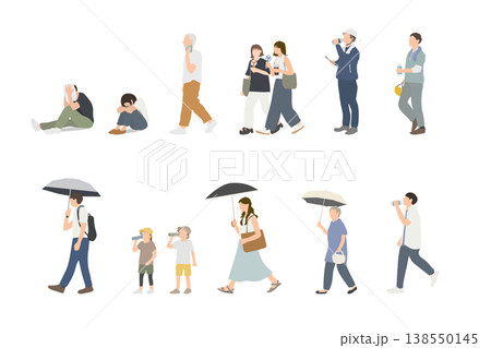 夏の暑さ対策と熱中症予防をする人々のイラストセット 138550145