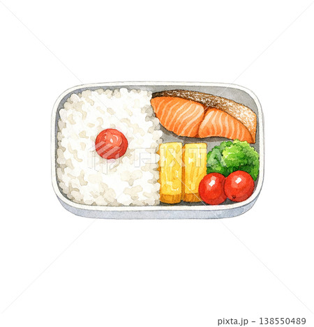 お弁当 水彩イラスト 焼き鮭とごはんの和食ランチ素材  138550489