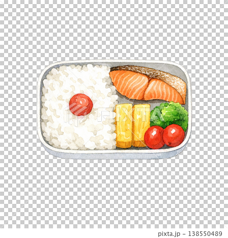 Bento box watercolor illustration: Japanese lunch with grilled salmon and rice. 138550489
