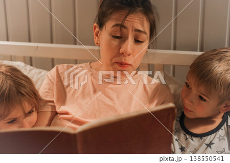 Family bedtime stories. A mother reads a story to her children, wrapped in a blanket. Children listen to soothing stories. A cozy family scene before bed in a softly lit bedroom. Copy space. Banner 138550541