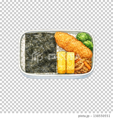 Lunch box watercolor illustration, nori bento lunch ingredients, simple and gentle Japanese food design 138550551
