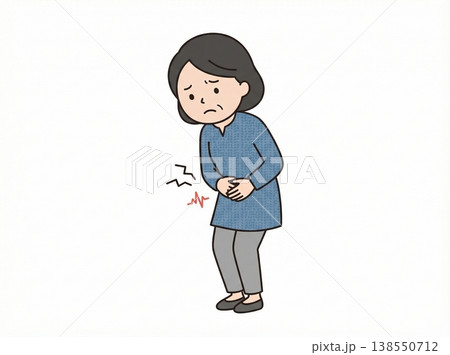 腹痛に悩む中年女性のイラスト：胃痛や下腹部の不快感を抱えるシニア世代の健康イメージ素材 138550712