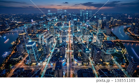 リアルタイムデータ可視化を伴うデジタルツインスマートシティ、都市ネットワークとIoT技術のコンセプト 138551105