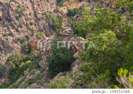 Piana, Corsica. Horse head shaped rock is on the foreground of mountain landscape 138551168