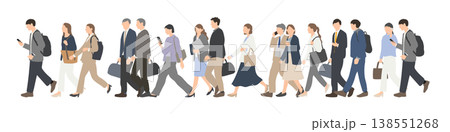 通勤ラッシュで歩くビジネスパーソンのイラスト 混雑した通勤シーン 138551268