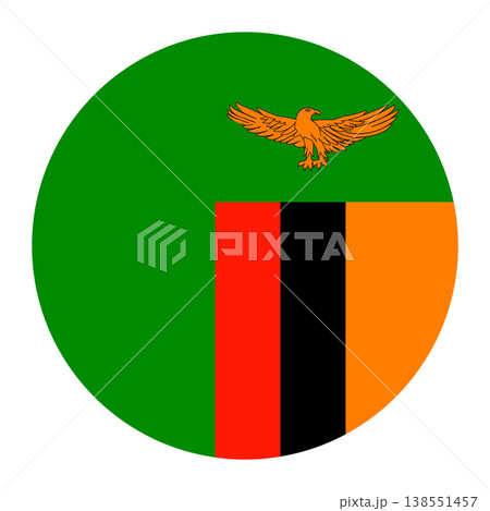 Vector illustration of the national flag of the Republic of Zambia in a circular shape. The design features a green field with a block of three vertical bands (red, black, and orange) in the lower rig Vector illustration of the national flag of the Republic of Zambia in a circular shape. The design features a green field with a block of three vertical bands (red, black, and orange) in the lower rig 138551457