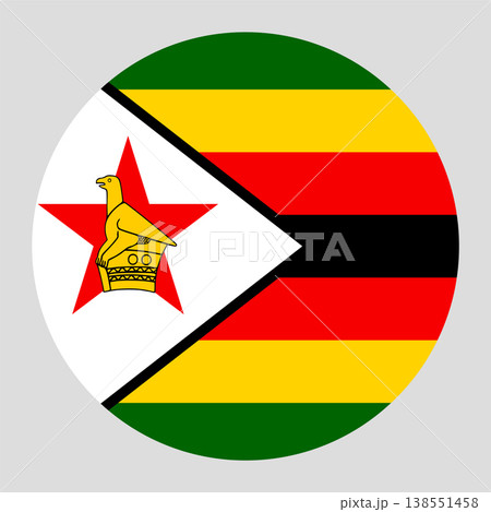 Vector illustration of the national flag of the Republic of Zimbabwe in a round shape. The design features seven equal horizontal bands of green, gold, red and black, with a white triangle containing Vector illustration of the national flag of the Republic of Zimbabwe in a round shape. The design features seven equal horizontal bands of green, gold, red and black, with a white triangle containing 138551458