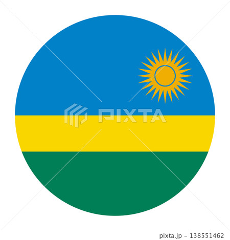 Vector illustration of the national flag of the Republic of Rwanda in a circular shape. The design features horizontal bands of blue, yellow, and green, with a golden sun in the upper right corner of Vector illustration of the national flag of the Republic of Rwanda in a circular shape. The design features horizontal bands of blue, yellow, and green, with a golden sun in the upper right corner of 138551462