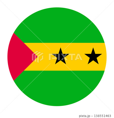 Vector illustration of the national flag of the Democratic Republic of Sao Tome and Principe in a circular shape. The design features three horizontal green, yellow, and green bands with a red triangl Vector illustration of the national flag of the Democratic Republic of Sao Tome and Principe in a circular shape. The design features three horizontal green, yellow, and green bands with a red triangl 138551463
