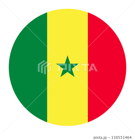 Vector illustration of the national flag of the Republic of Senegal in a circular shape. The design consists of three vertical bands of green, yellow, and red, with a green five-pointed star in the ce Vector illustration of the national flag of the Republic of Senegal in a circular shape. The design consists of three vertical bands of green, yellow, and red, with a green five-pointed star in the ce 138551464