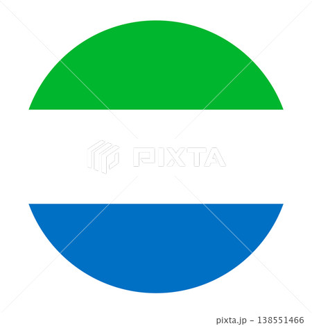 Vector illustration of the national flag of the Republic of Sierra Leone in a circular shape. The design features three equal horizontal bands of light green, white, and light blue. Vector illustration of the national flag of the Republic of Sierra Leone in a circular shape. The design features three equal horizontal bands of light green, white, and light blue. 138551466