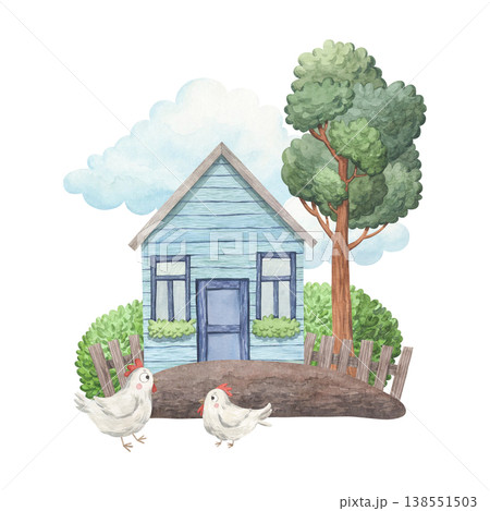 Watercolor illustration of a garden with a blue wooden house Watercolor illustration of a garden with a blue wooden house 138551503