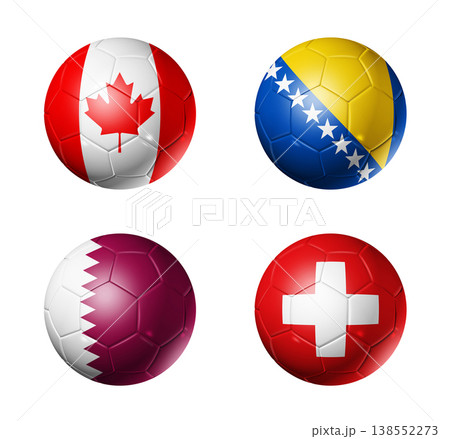 Football competition 2026 group B flags on soccer balls. 3D illustration isolated on white background Football competition 2026 group B flags on soccer balls. 3D illustration isolated on white background 138552273