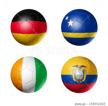 Football competition 2026 group E flags on soccer balls. 3D illustration isolated on white background 138552283