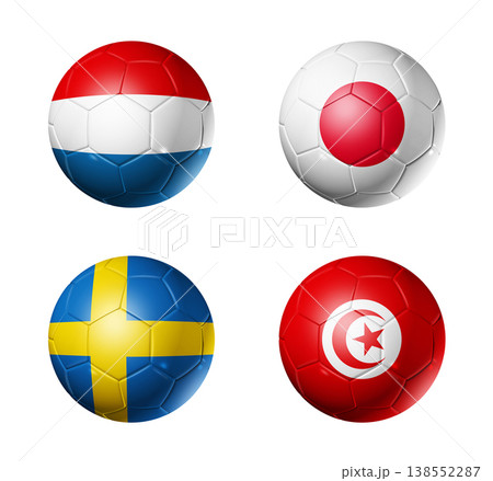 Football competition 2026 group F flags on soccer balls. 3D illustration isolated on white background Football competition 2026 group F flags on soccer balls. 3D illustration isolated on white background 138552287