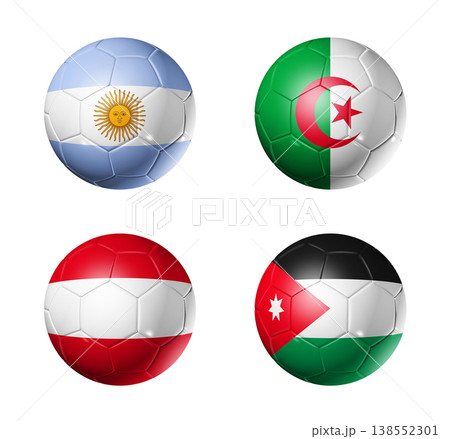 Football competition 2026 group J flags on soccer balls. 3D illustration isolated on white background 138552301