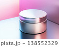 Minimalistic Cosmetic Jar on Reflective Surface with Pink and Blue Gradient Background for Modern Branding 138552329