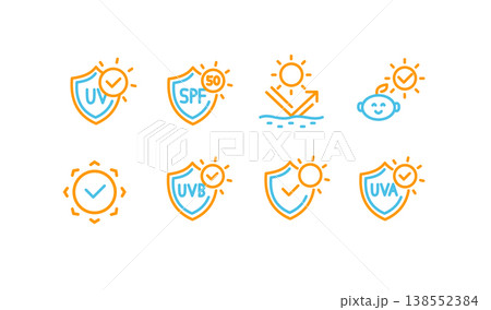 Different Sun Protection Signs Color Thin Line Icon Set. Vector Different Sun Protection Signs Color Thin Line Icon Set. Vector 138552384