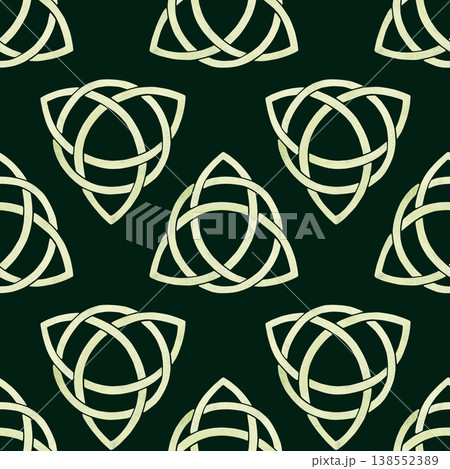 Green celtic Trinity Knot within a circle,in a single watercolor tone with paper texture in seamless pattern.Symbolic St.Patricks Day emblem for Irish heritage branding,national,cultural art projects 138552389