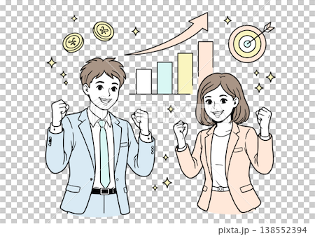 An illustration of a young man and woman celebrating their business success. 138552394