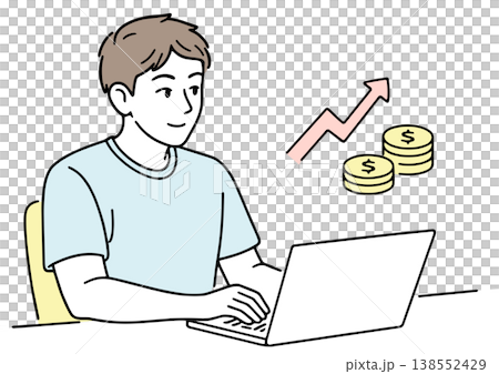 An illustration of a young man working on a laptop. 138552429