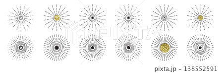 Line sun ray set. Star burst icon, sunburst radial shapes collection Line sun ray set. Star burst icon, sunburst radial shapes collection 138552591
