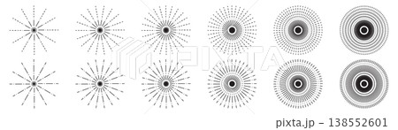 Line sun ray set. Star burst icon, sunburst radial shapes collection Line sun ray set. Star burst icon, sunburst radial shapes collection 138552601
