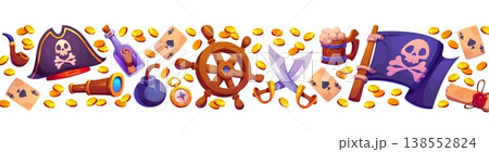 Pirate border frame with spyglass, scroll map, glass bottle, steering wheel, dagger, mug of ale, ace card, Jolly Roger flag, gold coins, and compass. Detailed vector border for pirate party invitation Pirate border frame with spyglass, scroll map, glass bottle, steering wheel, dagger, mug of ale, ace card, Jolly Roger flag, gold coins, and compass. Detailed vector border for pirate party invitation 138552824