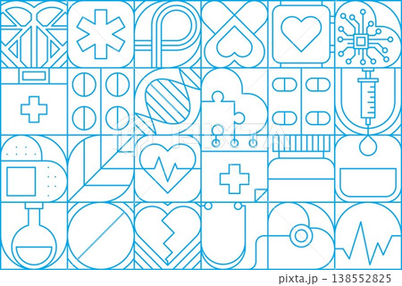 Modern geometric medicine and health care pattern of medical shapes, vector background. Medicine pattern of cardiology heart, pills and blood donation drops with doctor stethoscope and syringe Modern geometric medicine and health care pattern of medical shapes, vector background. Medicine pattern of cardiology heart, pills and blood donation drops with doctor stethoscope and syringe 138552825
