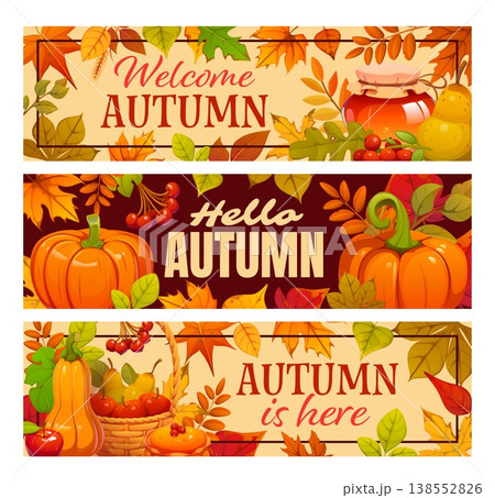 Autumn fall season banners for Thanksgiving holiday with harvest and leaves, vector greetings. Hello and Welcome Autumn quotes with pumpkins, apples and pears in basket, honey jar and maple leaves Autumn fall season banners for Thanksgiving holiday with harvest and leaves, vector greetings. Hello and Welcome Autumn quotes with pumpkins, apples and pears in basket, honey jar and maple leaves 138552826
