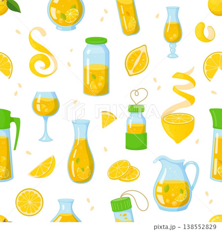 Cartoon citrus lemon fruit juice or lemonade drinks seamless pattern with citrus slices, jars, pitchers, glasses and yellow lemonade ornament. Vector seamless tile background, wallpaper or textile 138552829