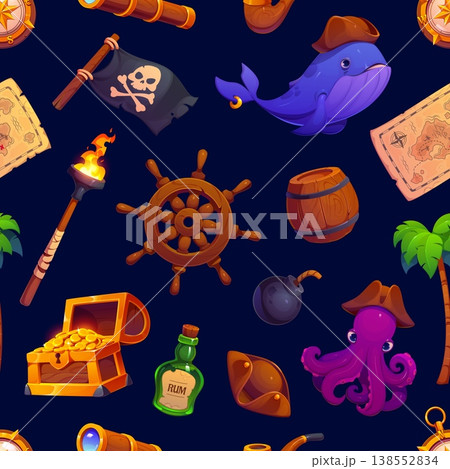 Pirate and corsair seamless pattern background with whale and Jolly Roger flag. Cartoon vector pattern with torch, rum barrel, dynamite, octopus and spyglass wallpaper or treasure hunt game pattern 138552834