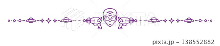 Outer space alien invader and astronomy line divider or border frame. Cosmos exploration spacer or separator vector line. Galaxy outer space divider with alien face, laser pistol and flying saucers 138552882