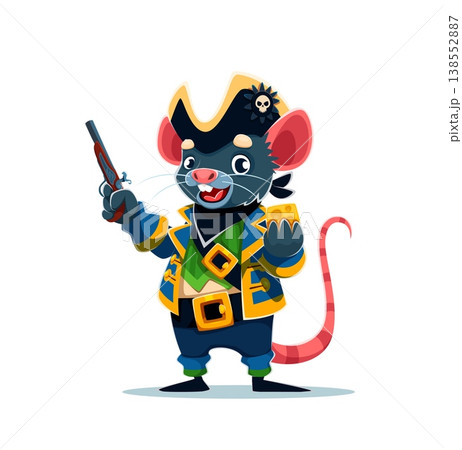 Cartoon rat or mouse pirate vector character stands proudly dressed in a dark blue and yellow coat with green vest underneath. Corsair holds a pistol in one hand and a piece of cheese in other Cartoon rat or mouse pirate vector character stands proudly dressed in a dark blue and yellow coat with green vest underneath. Corsair holds a pistol in one hand and a piece of cheese in other 138552887