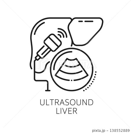 Chronic liver diseases and therapy, medical line icon. Clean linear symbol depicting the human liver and ultrasound machine. Minimalist vector emblem for patient education materials, medical website 138552889