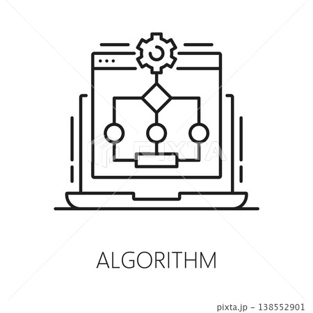 RPA algorithm line icon or pictogram. Business RPA tech thin line vector icon, robotic solution linear symbol. Process automation innovation outline pictogram with algorithm scheme on laptop screen 138552901