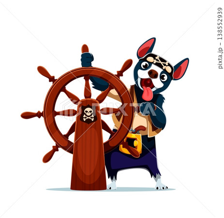 Cartoon cheerful bulldog dog pirate helmsman character holds the wooden ship wheel with both paws, ready to steer. Vector animal corsair personage has a lively expression with wide eyes and open mouth Cartoon cheerful bulldog dog pirate helmsman character holds the wooden ship wheel with both paws, ready to steer. Vector animal corsair personage has a lively expression with wide eyes and open mouth 138552939