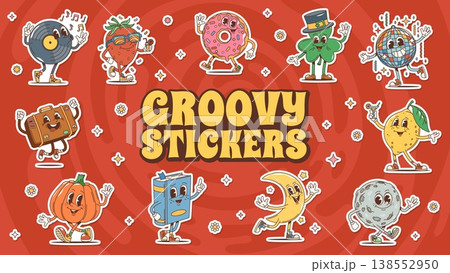 Cartoon groovy characters vector stickers. Dancing vinyl record, strawberry in sunglasses, pink donut, green clover in hat, disco ball, lemon with drink, smiling pumpkin book and suitcase personages 138552950
